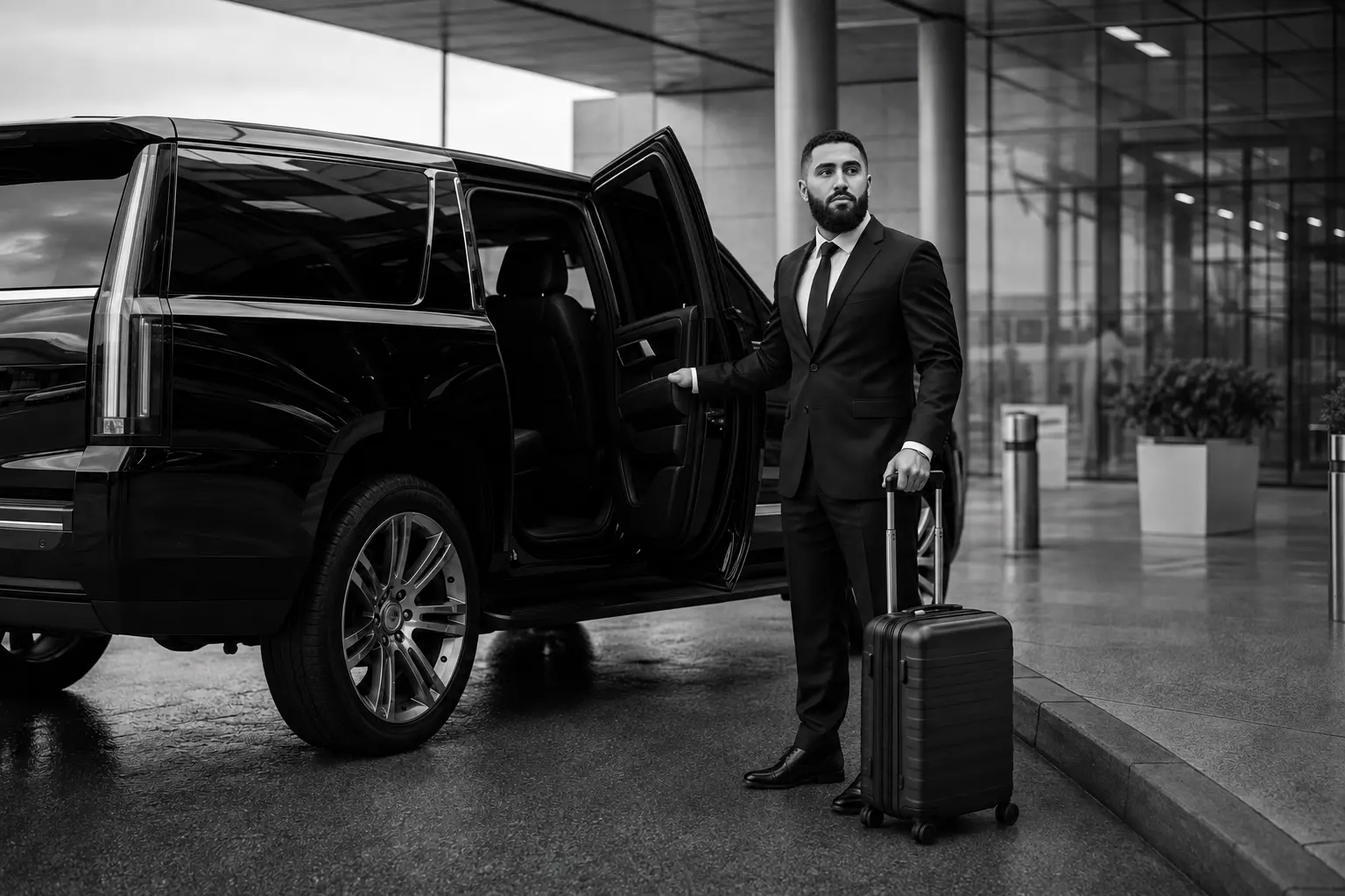 Fahad Hamid in a tailored black suit beside a black executive vehicle